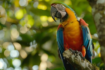 A colorful macaw perched eloquently in the rainforest, its feathers a burst of colors