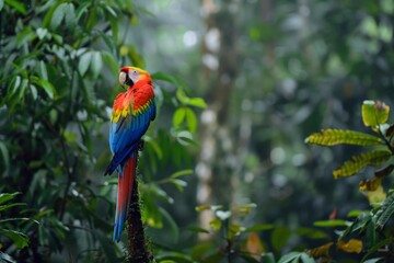 A colorful macaw perched eloquently in the rainforest, its feathers a burst of colors