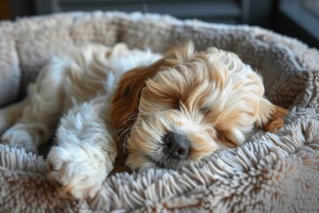 A Cockapoo puppy sleeping soundly in a cozy indoor bed