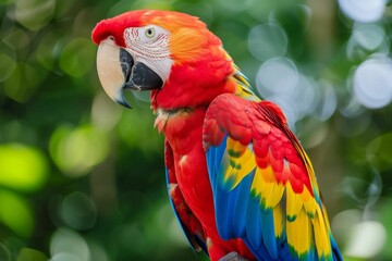 A colorful macaw perched eloquently in the rainforest, its feathers a burst of colors