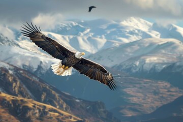 A commanding eagle soaring high above a rugged mountainous landscape