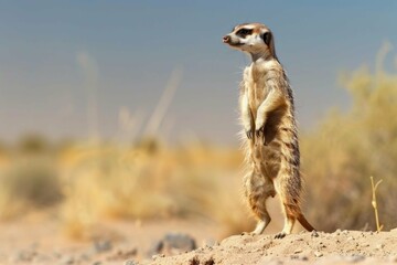 A curious meerkat standing upright, scanning its surroundings in the desert