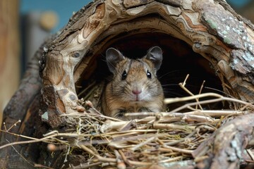 A Degu peeking out from a cozy nest inside its enclosure