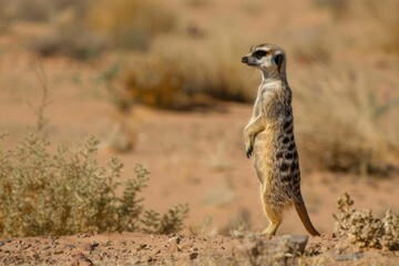 A curious meerkat standing upright, scanning its surroundings in the desert