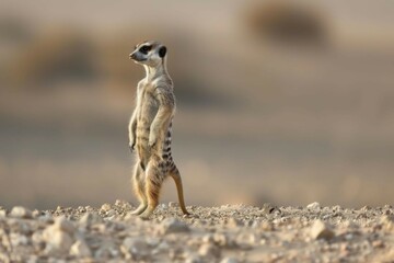 A curious meerkat standing upright, scanning its surroundings in the desert