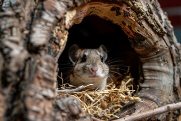 A Degu peeking out from a cozy nest inside its enclosure