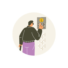 Man reading text on the pointer board, finger drives on braille font points, Braille language for blind vector in round