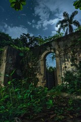 Fototapeta na wymiar Abandoned Colonial Fort at Night Background - Haunting illustration of an abandoned colonial fort under the moonlight, its crumbling walls overtaken by the jungle created with Generative AI Technology