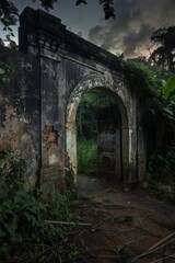 Abandoned Colonial Fort at Night Background - Haunting illustration of an abandoned colonial fort under the moonlight, its crumbling walls overtaken by the jungle created with Generative AI Technology