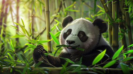 a charming scene of a panda delicately holding a bamboo leaf stick in its paws, capturing the serene beauty of its bamboo forest habitat High detailed and high resolution smooth and high quality photo - obrazy, fototapety, plakaty