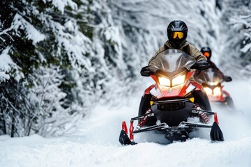 Fototapeta na wymiar Snowmobiling Through the Trails - An Exhilarating Winter Adventure