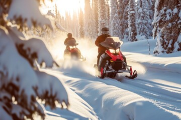 Fototapeta na wymiar Snowmobiling Through the Woods
