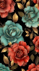 Pattern with roses and leaves on dark green background. illustration