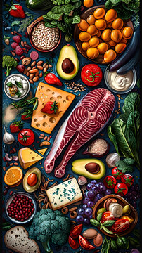 Artistic illustration of various natural foods on the table