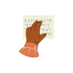 Braille language, person finger drives on points, reading text on sheet with braille font letter for blind people vector