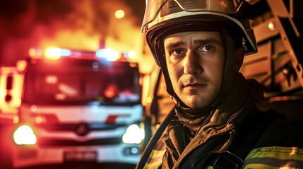 Portrait of firefighter standing near a fire truck.