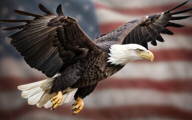 Bald Eagle in flight with the American Flag in the background.