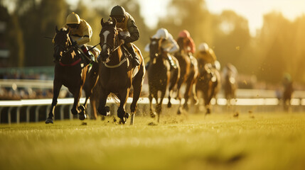 Race horses with jockeys on the track to the finish - obrazy, fototapety, plakaty