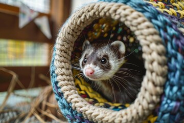 A Ferret peeking curiously out of a knitted tunnel in a playful setting