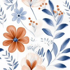 Aqua Terra Brown French Grey Abstract Wild Flower Elegant Leaf Watercolor Scandinavian Design Seamless Pattern Wallpaper Curtain Bedding Upholstery White Background Vector