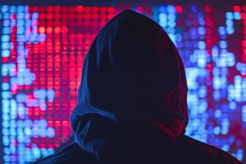 A hacker silhouette in a hood behind a computer screen, with obscured facial features to convey anonymity and threat