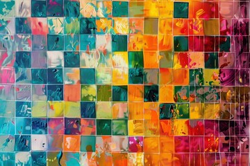 A grid of small, colorful squares against a contrasting background, suggesting pixelated digital art