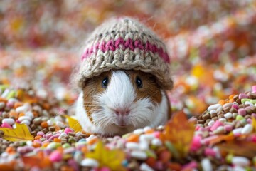 A Guinea pig dressed in a tiny, adorable hat, sitting amidst colorful pellets