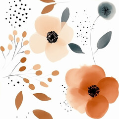 Aqua Terra Brown French Grey Abstract Wild Flower Elegant Leaf Watercolor Scandinavian Design Seamless Pattern Wallpaper Curtain Bedding Upholstery White Background Vector