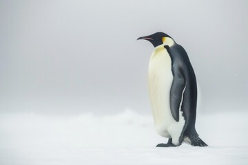 A lone emperor penguin standing regally on the ice, its black and white plumage standing out against the stark white environment