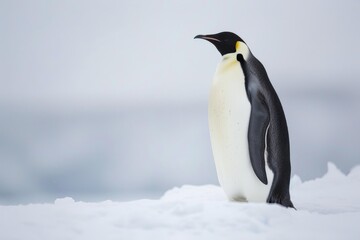 Fototapeta premium A lone emperor penguin standing regally on the ice, its black and white plumage standing out against the stark white environment
