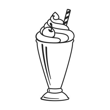 recommend clip art: Milkshake with whipped cream and cherry on top in a retro milk bar dessert glass as a vector outline illustration