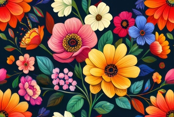 Seamless pattern with colorful flowers on dark background. Vector illustration.