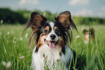 A Papillon dog flaunting its butterfly-like ears while sitting in a lush meadow