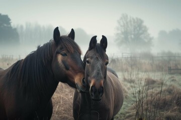 A pair of horses nuzzling each other in a misty morning