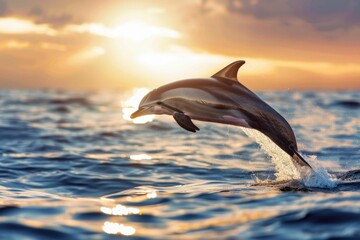 A playful dolphin leaping from the ocean's surface against a sunset backdrop
