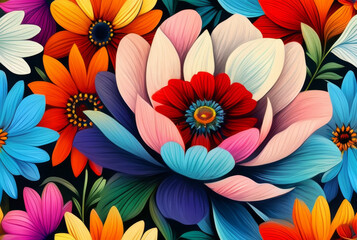 Seamless pattern with colorful flowers on dark background. Vector illustration.