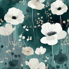 Green Mint Forest Sap Moss Flower Abstract Line Art Scandinavian Design Seamless Pattern Wallpaper Fabric Curtain Bedding White Background