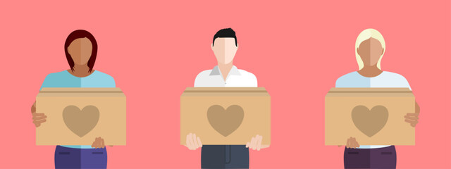 Multicultural people volunteering to help others in need with boxes of donations flat design vector - 755369893