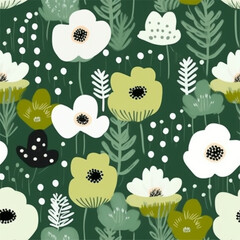 Green White Forest Mint Moss Sap Flower Abstract Line Art Scandinavian Design Seamless Pattern Wallpaper Fabric Curtain Bedding Background