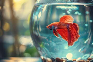 A vibrant Betta fish swimming alone in a clear fishbowl