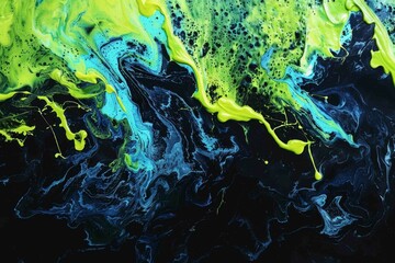 Electric blue and neon green liquid waves crashing against a dark marble shore, depicting vibrant, dynamic energy