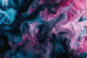 Magenta and cyan liquid swirls on a dark marble, portraying a vivid contrast and bold visual appeal