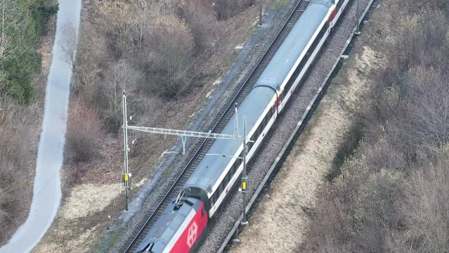 Trains converge on parallel tracks in Swiss landscape