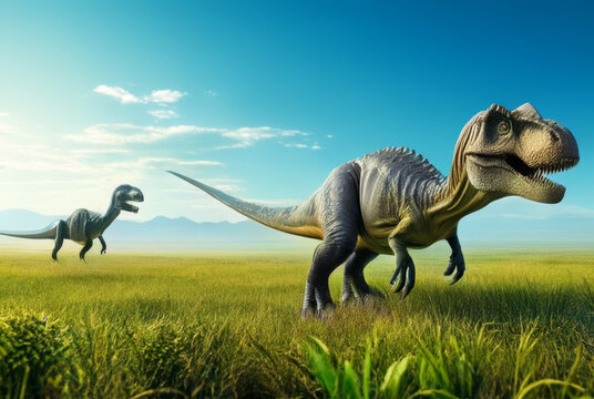 dinosaur in the meadow with blue sky, 3d render