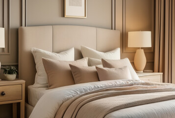 Modern bedroom interior with white pillows on bed, 3d render
