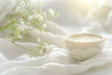 Obraz na płótnie Canvas Serene White Blossoms and Ceramic Bowl on Delicate Fabric