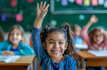 Joyful Young Girl Eagerly Participating in Class Discussion
