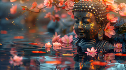 Focus Golden Boudha and Lotus flowers statue sitting on the water, a water lily in the pond, a white lotus in a golden magic pond, generative ai