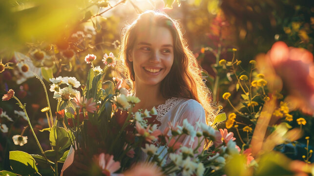 the joy of a woman standing in a sunlit garden, surrounded by colorful flowers, her smile radiant as she holds a bouquet she just picked High detailed and high resolution