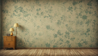 A room with a floral wallpaper and a wooden dresser - obrazy, fototapety, plakaty